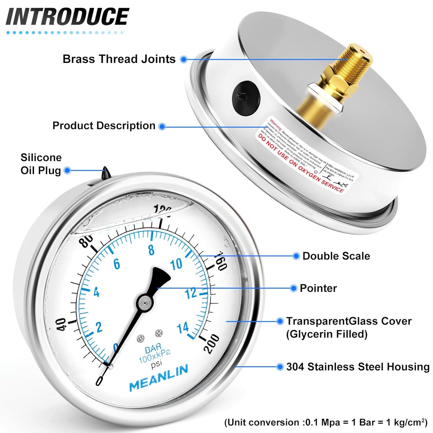 MEANLIN MEASURE 0~200Psi Stainless Steel 1/4" NPT 4" FACE DIAL Liquid Filled Pressure Gauge WOG Water Oil Air Back Mount, with 1/4" x 1/2" NPT and 1/4" x 3/8" NPT Hex Bushing