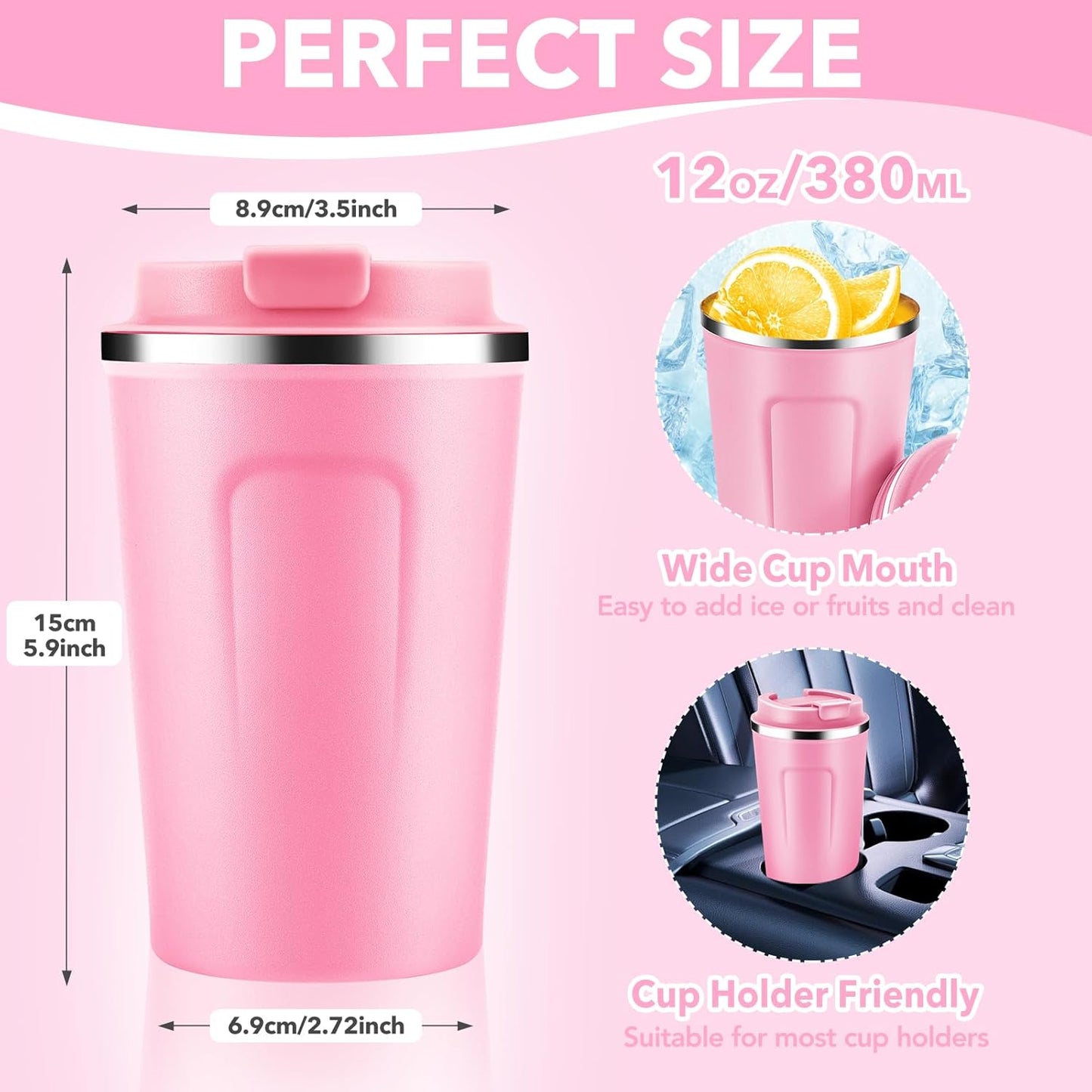Volhoply 12 oz Double Wall Insulated Vacuum Travel Coffee Mug with Flip Lid,Reusable Stainless Steel Leak Proof Coffee Cup,Portable Iced Cafe Thermal Tumbler Suitable for Hot & Cold Drinks(Pink,1 Set)