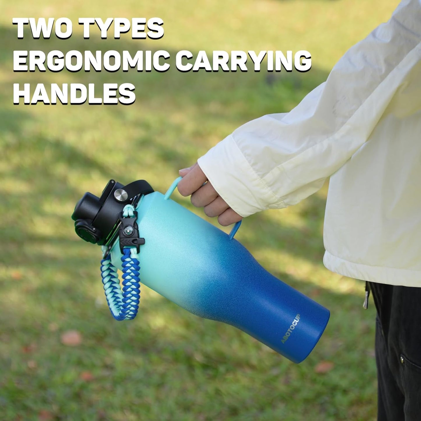 Water Bottle 40oz, Insulated Water Bottle with Handle & Straw Lids, Stainless Steel Water Bottle Fits in Any Car Cup Holder, Travel Cup Double Wall BPA-Free Leak-proof to Keep Cold &Hot