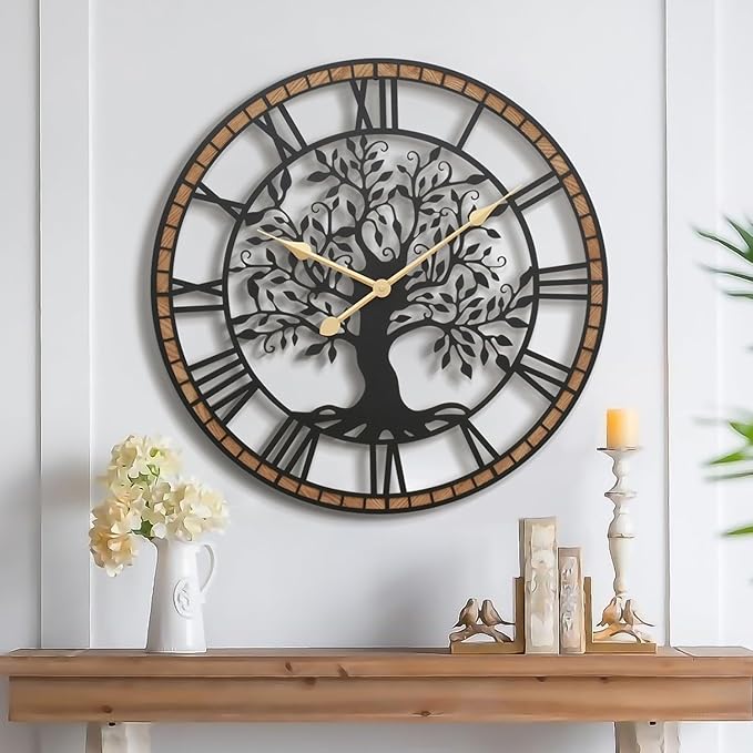 Micasso Vintage Oversize Wall Clock: 38Inch Farmhouse Tree of Life Metal by Micasso