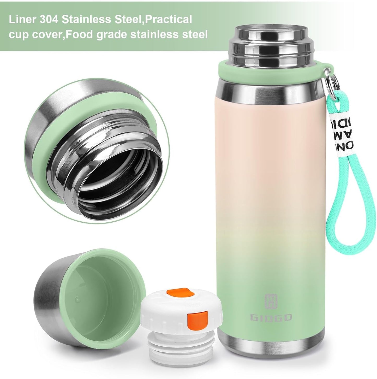 Stainless Steel thermo Bottles with cup 700ml/23.7oz Vacuum Insulated Bottle for hot and cold coffee drink water thermo flask with cup.(Gradient Green,700ml)