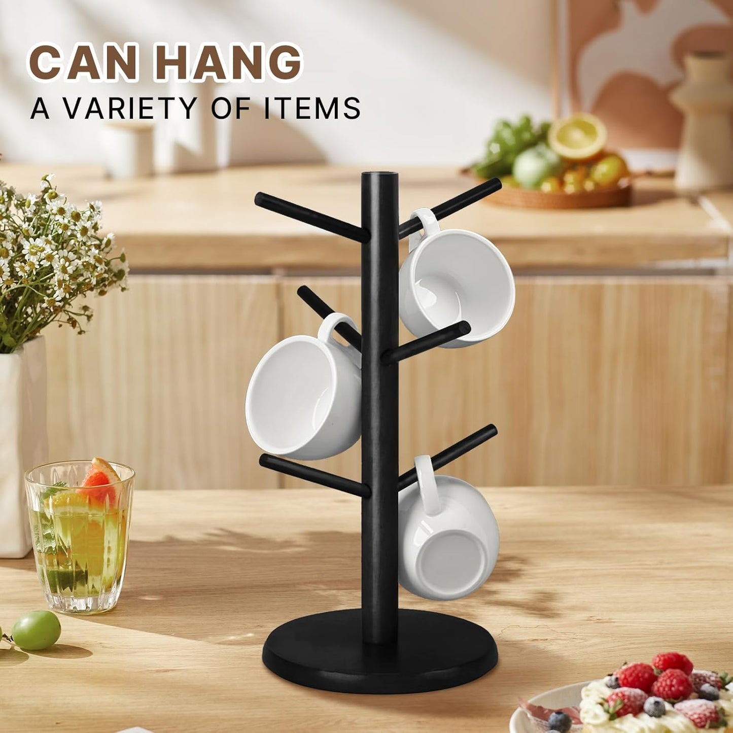 Wooden Mug Holder Tree, Coffee Cup Holder, Mug Organizer with 6 Hooks (Black)