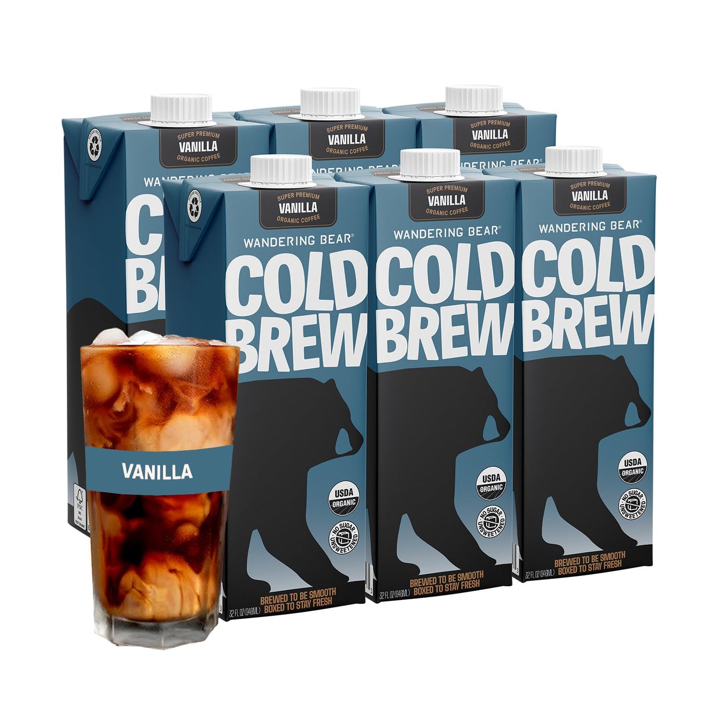 Wandering Bear Organic Vanilla Cold Brew Coffee, 32 fl oz, 6 pack - Extra Strong, Bold, Smooth, Unsweetened, Shelf-Stable, Ready to Drink, Gluten Free, & Vegan, Iced Cold Brewed Coffee Drinks