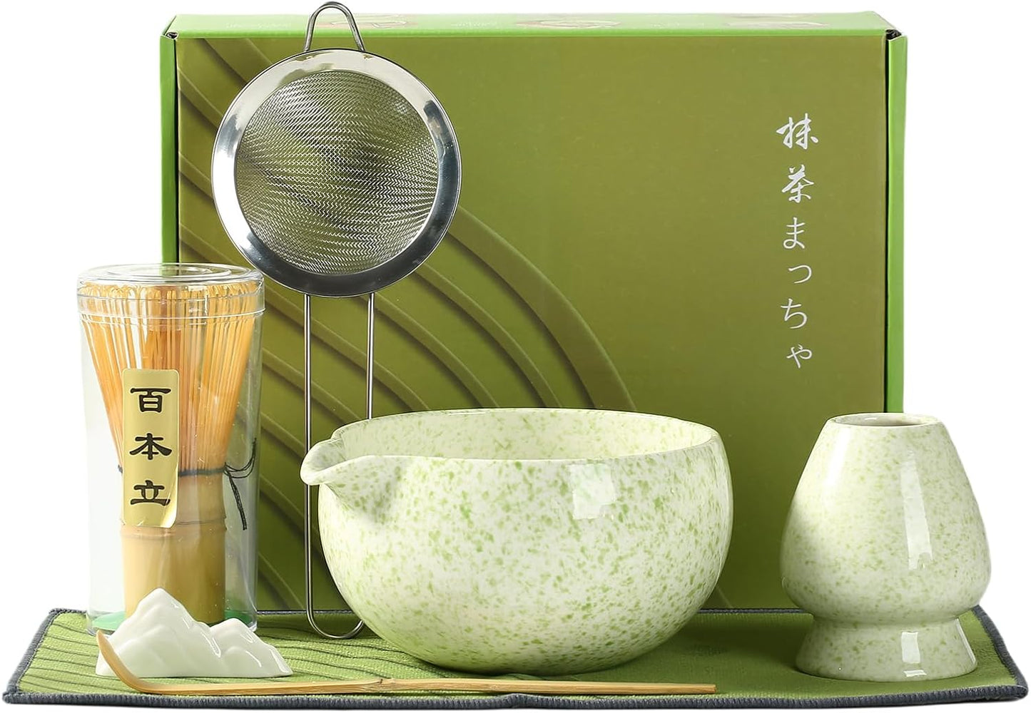 Matcha Whisk Set, Ceramic Matcha Set with Spout, Matcha Bowl Kit with Sifter, Whisk and Holder, Bamboo Scoop, Scoop Rest, Tea Towel, 7 Pcs Matcha Kit Set for Making Breakfast/Latte for Matcha Lovers