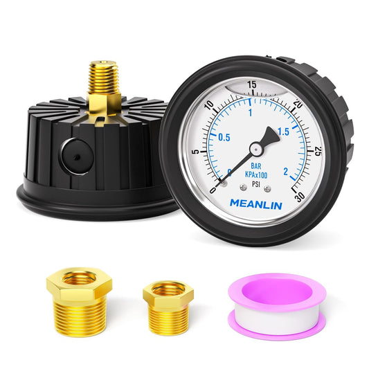 MEANLIN MEASURE 0~30Psi Stainless Steel 1/4" NPT 2.5" FACE DIAL Liquid Filled Pressure Gauge, Center Back Mount (with Rubber Protective Sleeve), with 1/2" NPT and 3/8" NPT Hex Bushing