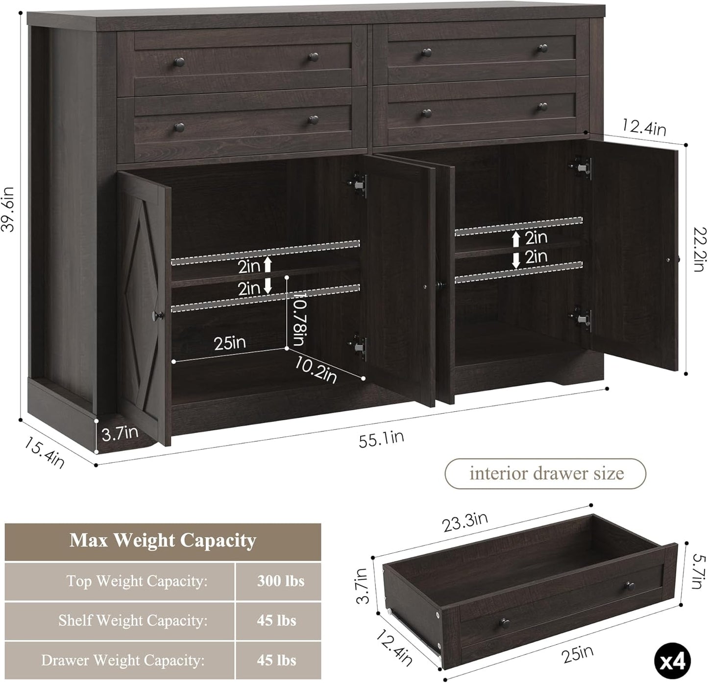 HOSTACK 55" Coffee Bar with 4 Large Drawers, 40" Tall Buffet Cabinet with Storage, Kitchen Storage Cabinet, Modern Farmhouse Sideboard Buffet, Adjustable Shelves for Living Room, Dark Brown