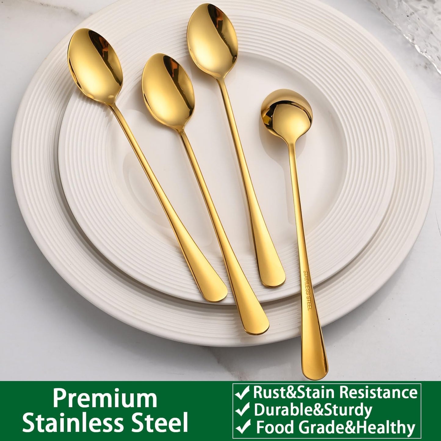 Gold 7.5 Inch Gold Iced Tea Spoons,Set Of 8 Stainless Steel Long Coffee Spoons,Long Handle Stirring Spoon For Dessert,Coctails,Ice Cream,Milk,Iced Teaspoons For Bar
