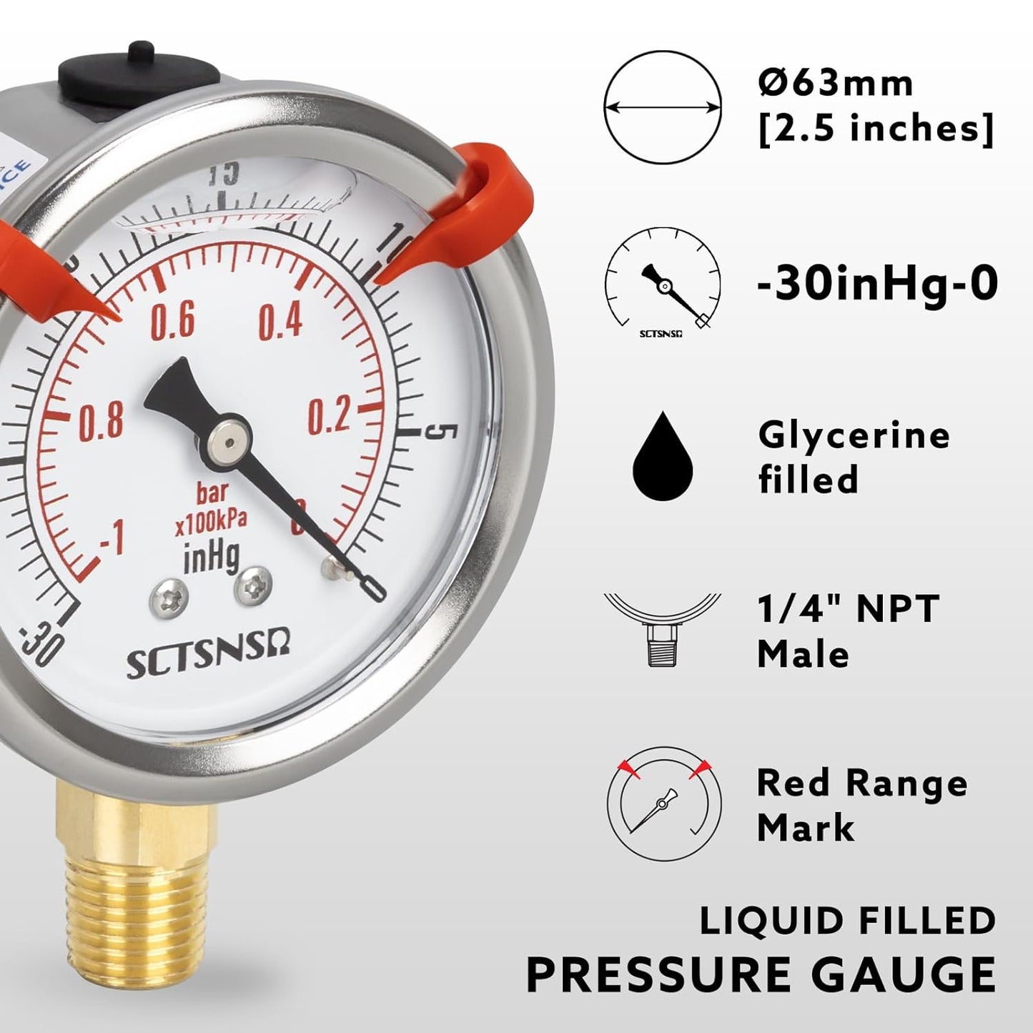 -30 inHg to 0 Vacuum Pressure Gauge, Glycerin Liquid Filled, 2.5 inch Dial, 1/4" NPT Lower Mount, Stainless Steel Case, for Air Conditioning Line, Tank, Air Pump, HVAC, Pipe, Pressure Test