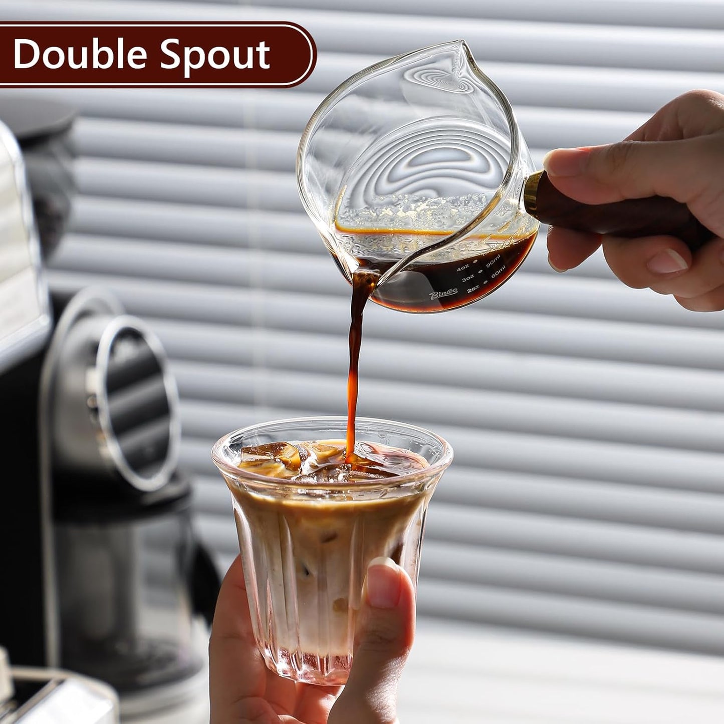 Espresso Shot Glasses with Wood Handle - 120ml Glass Coffee Bean Dosing Cup with Dual Spout,Clear Espresso Measuring Cup Glass for Barista Coffee Measure