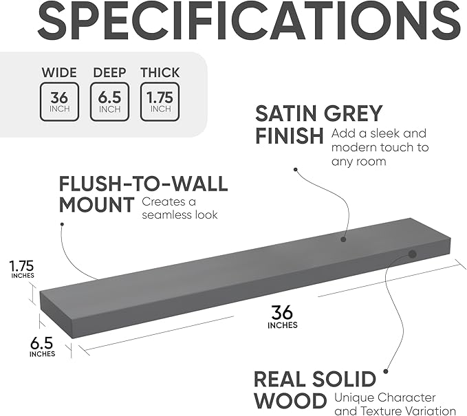 Homeforia 36 inch Gray Floating Shelves, High End Solid Real Wood 36inch - Image 2