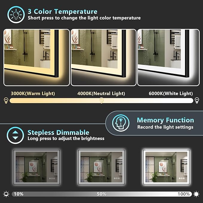 48x38 Black Framed LED Bathroom Mirror - Image 5