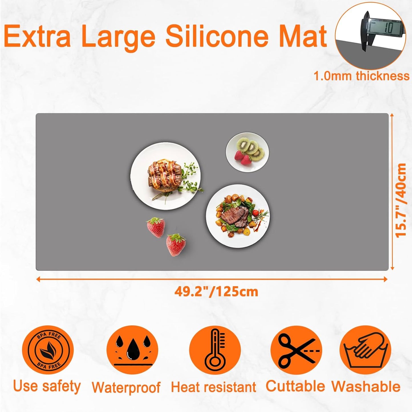 49.2''x15.7''(125cmx40cm) Extra Large Silicone Mat, Silicone Mats for Kitchen Counter, Heat Resistant Mats, Kitchen Island Countertop Protector, Waterproof Placemat, Dark Gray