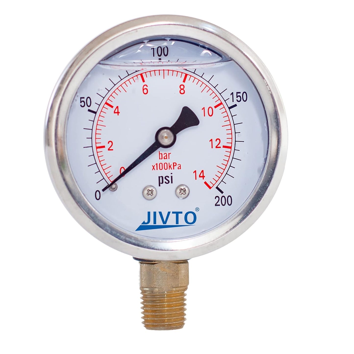 Pressure Gauge,Glycerin Liquid Filled,2.5" Dia,0-200 psi(Single Scale),1/4" NPT Brass Connection,Lower Mount, Stainless Steel Case,for Pneumatic,Pump,Hose,Well Tank,Gas Air Water Oil