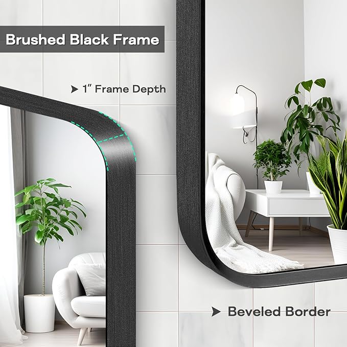 Wall Mount Mirror for Bathroom, Brushed Black Metal Framed Large Rounded Corner - Image 5