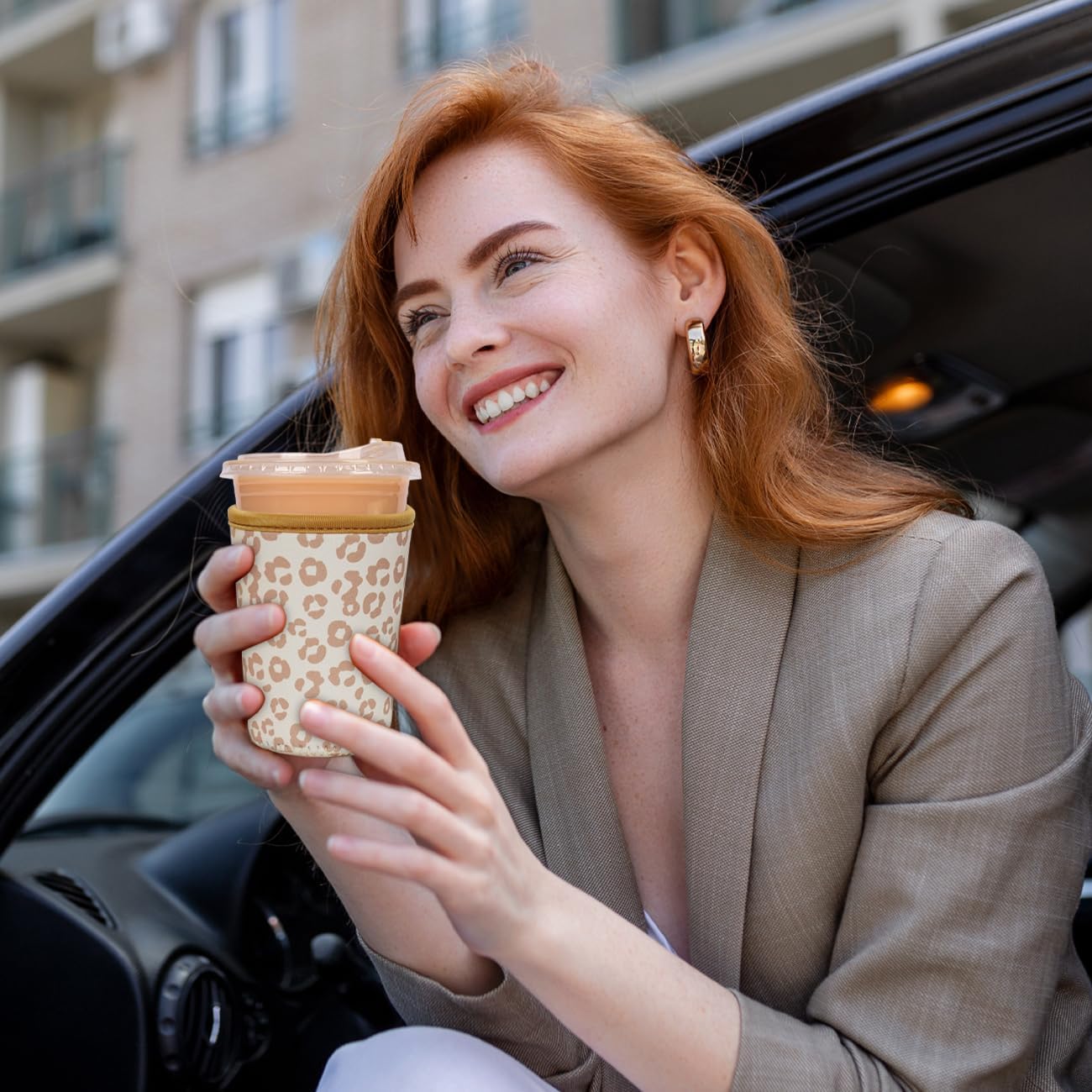 Reusable Insulated Neoprene Iced Coffee Cup Sleeve, Durable Drink Sleeve for Cold Beverages, Beverage Holder for Iced Coffee, Leopard Grace