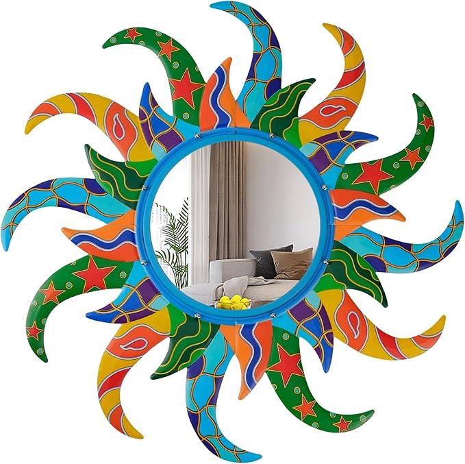 Colorful Sun Wall Mirror Decorative 25 inch Metal Frame Sunburst Boho Mirror by Unknown