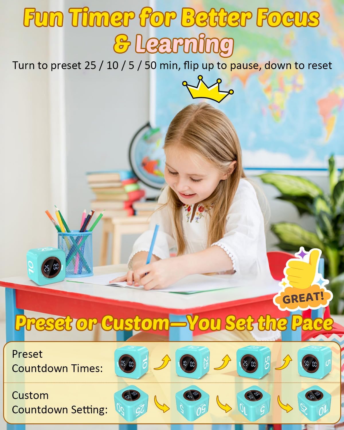 Pomodoro Timer Cube Visual Productivity Flip Timer for Kids Classroom Desk, 5/10/25/50min& Custom Countdown, Silent&Sound Mode Digital Cube for ADHD Study Work School Game Kitchen (Mint Green)