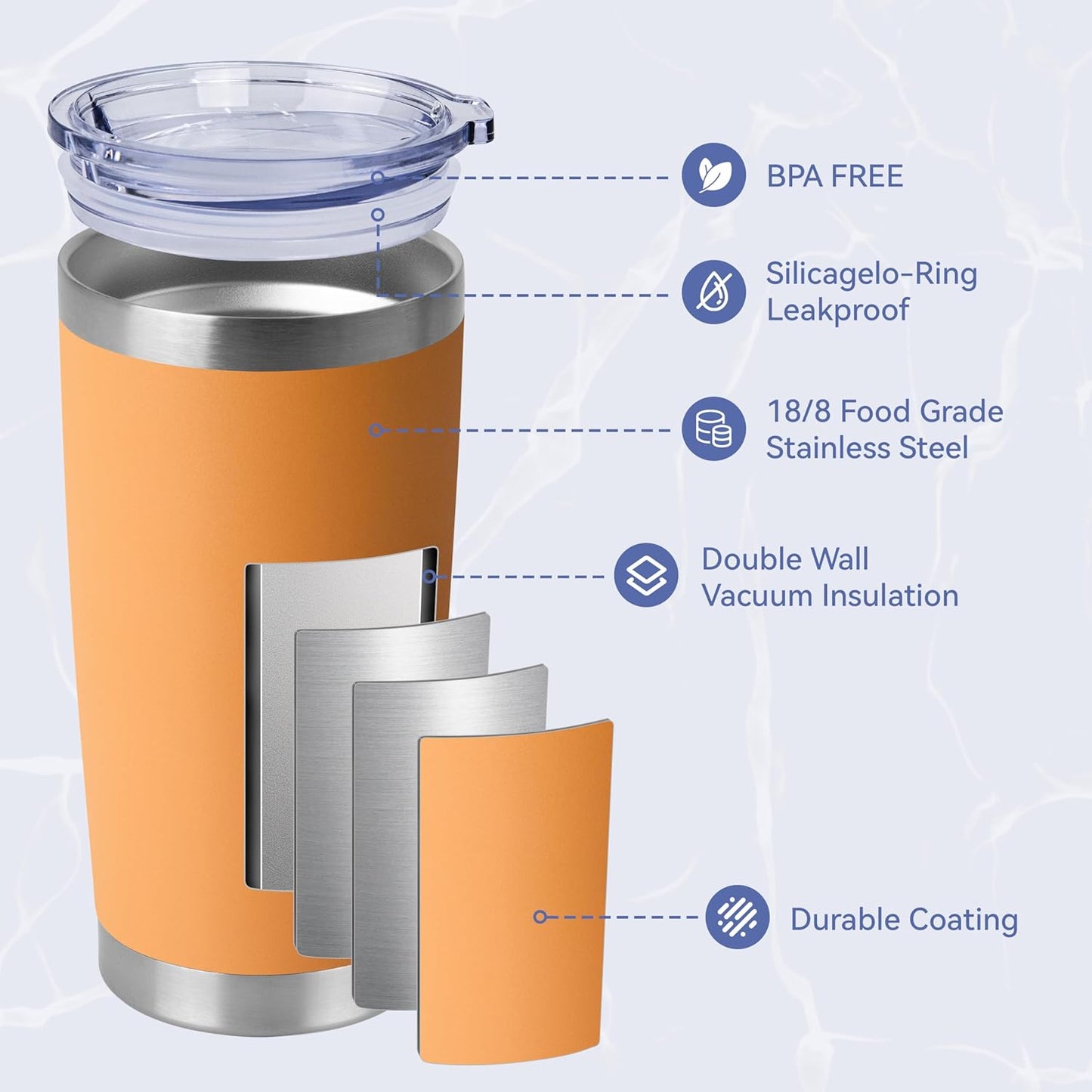 HASLE OUTFITTERS 20oz Stainless Steel Tumblers Bulk, Insulated Travel Cup with Lid, Double Wall Vacuum Coffee Mug for Cold & Hot Drinks 8 Pack, Orange