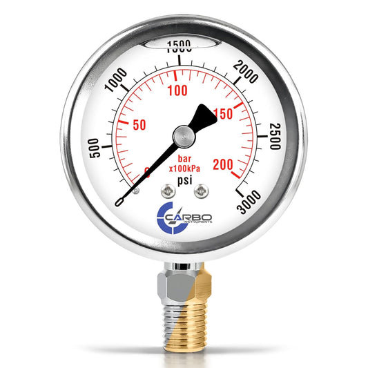 Stainless Steel Pressure Gauge Dual Display (0-3000 psi/kPa) - 2 1-2" Glycerine Liquid Filled Water Air Oil Gas Gauge with Polycarbonate Lens & Brass Connection -1/4" NPT Lower Mount