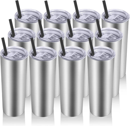 VEGOND Stainless Steel Tumblers Bulk 12 Pack, 20 oz Vacuum Insulated Skinny Tumblers with Lids and Straws, Double Wall Slim Tumbler, Travel Water Cup