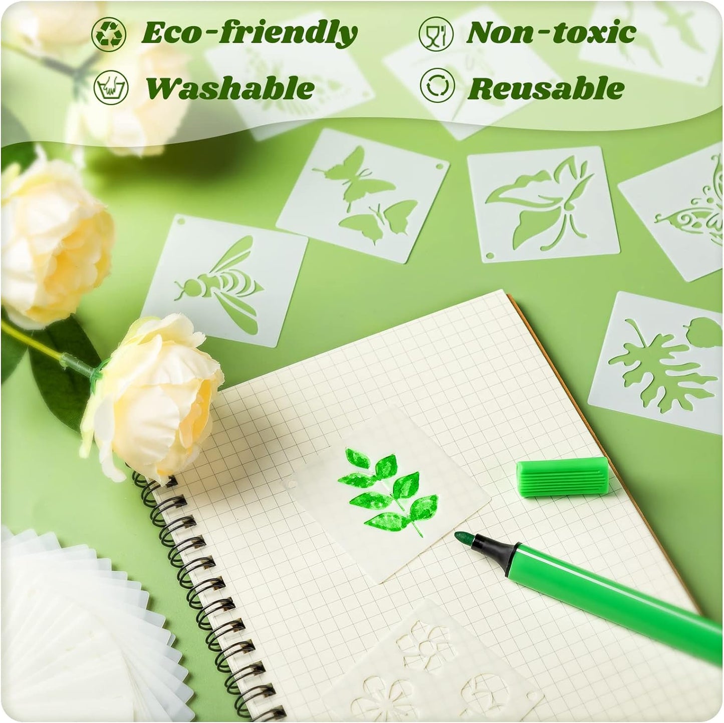 100 Pcs Stencils for Painting on Wood Reusable Stencil Crafts Drawing Templates Holiday Wall Paper for DIY Scrapbook Home 2 x 2 Inch(Flower, Plants)