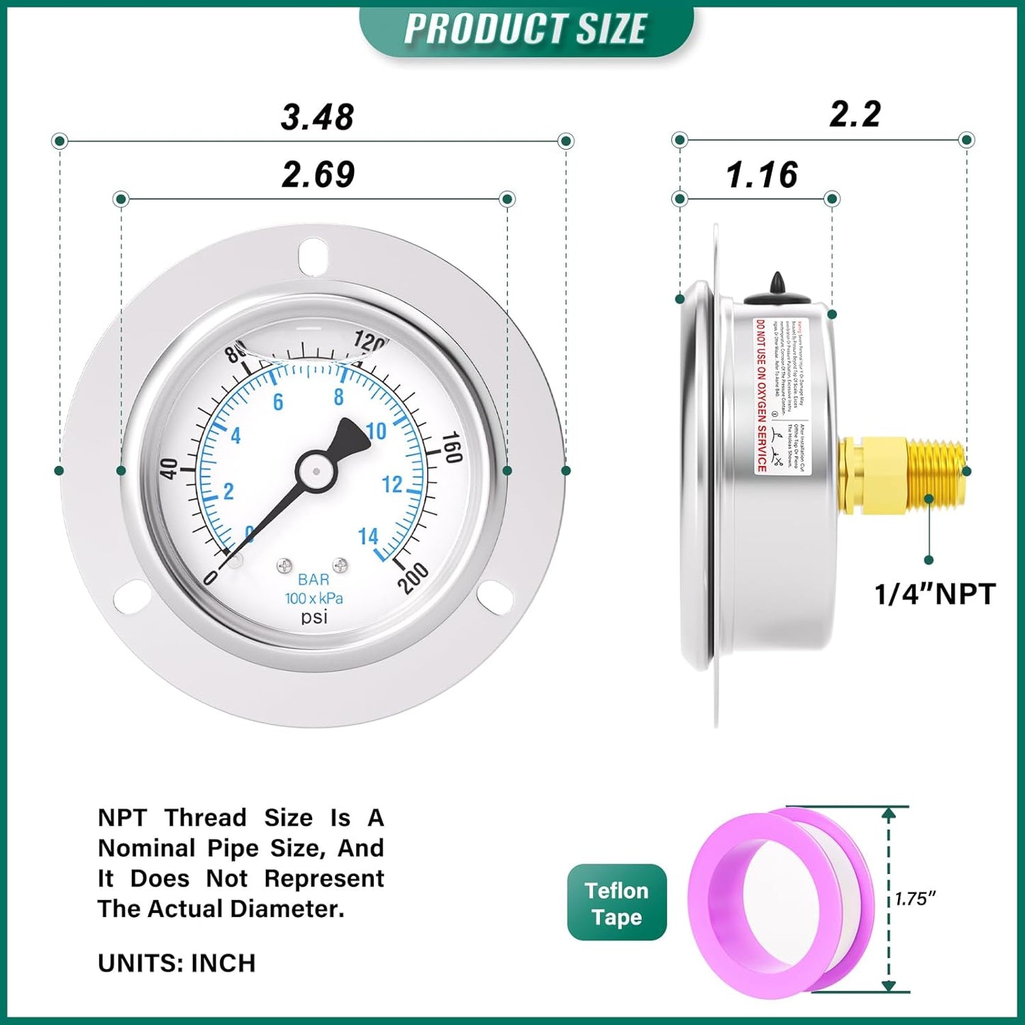 0-200PSI Panel Mount Front Flanged Glycerin Filled Pressure Gauge, 2.5" Dial Size, 1/4" MNPT Back Mount, Stainless Steel Case, with Phillips Screw and Nut, for Water, Gas, Liquid Pressure