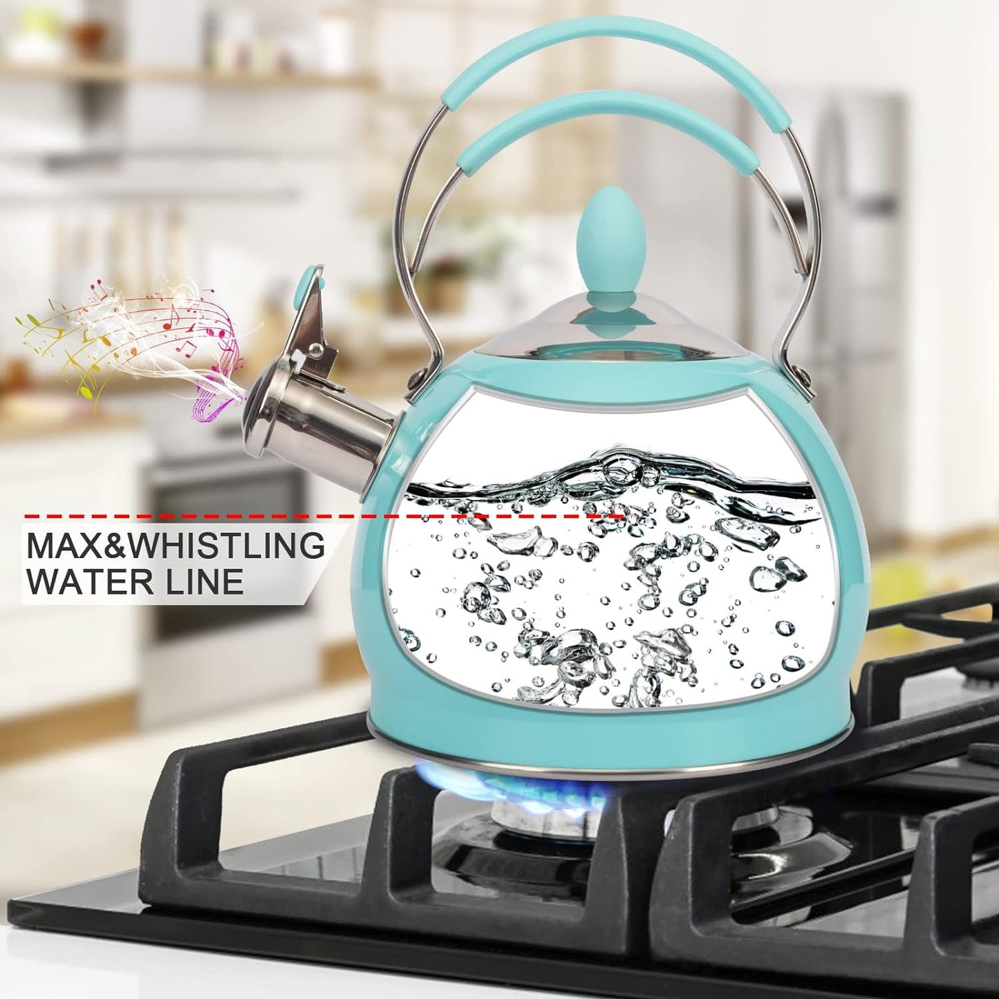 Whistling Tea Kettle Stainless Steel Teapot, Teakettle for Stovetop Induction Stove Top, Fast Boiling Heat Water Tea Pot 2.6 Quart