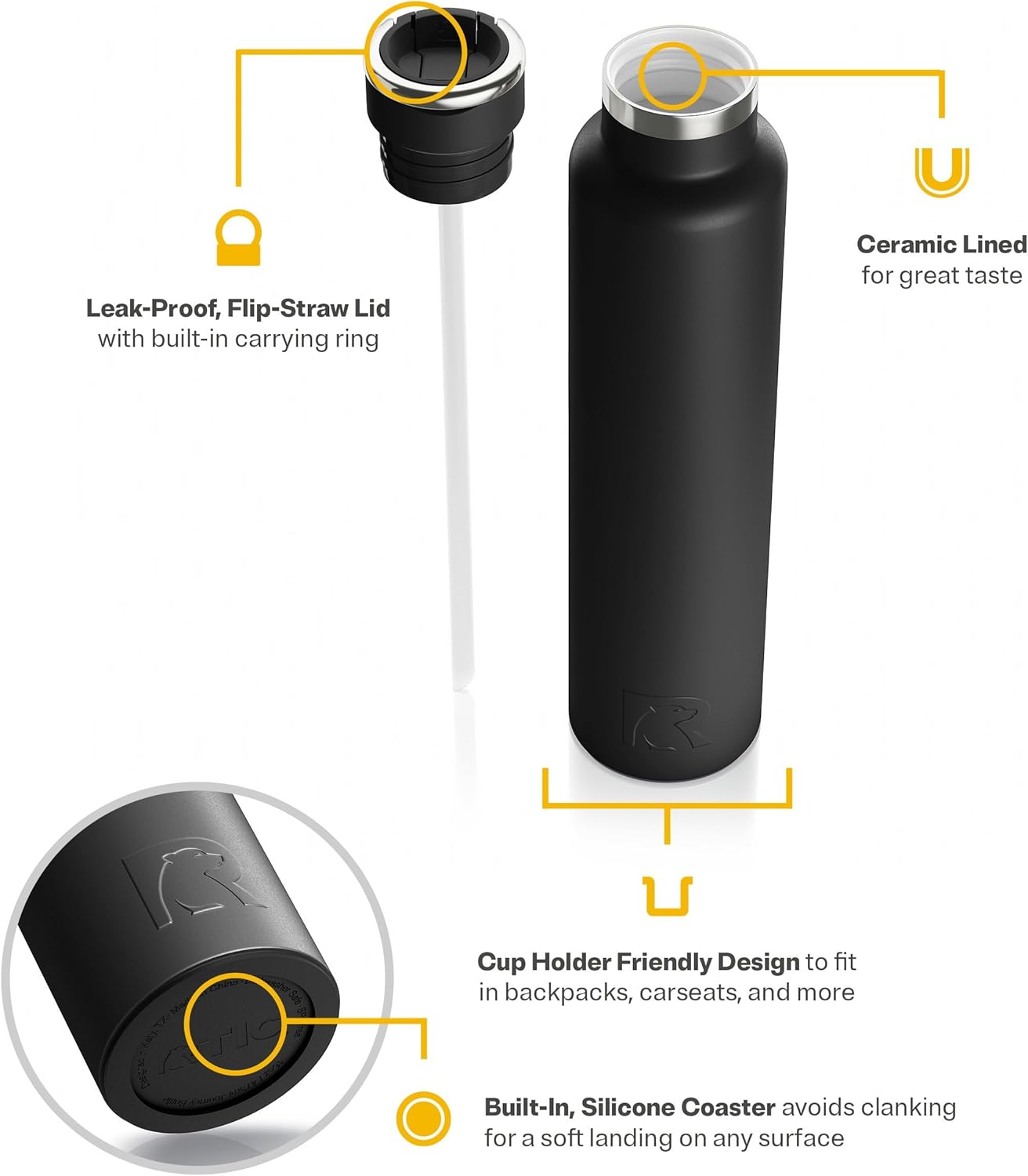 RTIC 26oz Journey Bottle Metal Stainless Steel Vacuum Insulated, BPA Free, Reusable, for Water, Hot and Cold Drinks, Travel, Sports, Camping, Black