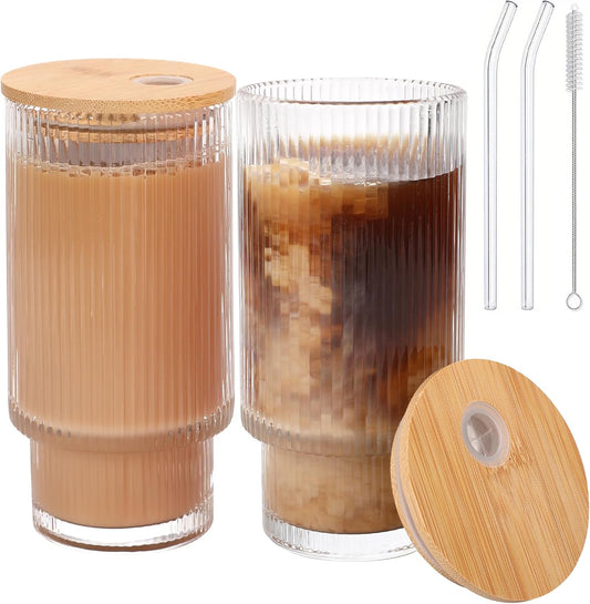 Glass Cups with Bamboo Lids and Straws - 16 oz Iced Coffee Cups, Vintage Ribbed Drinking Glasses, Tumbler for Juice, Beer, Coffee, Milk, Cocktail, Water (2 Pack)
