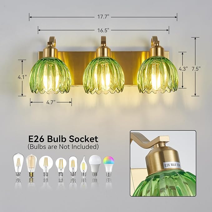 3-Light Vanity Lights with Green Tulip Glass Shade, Vintage Vanity Wall Sconce - Image 3