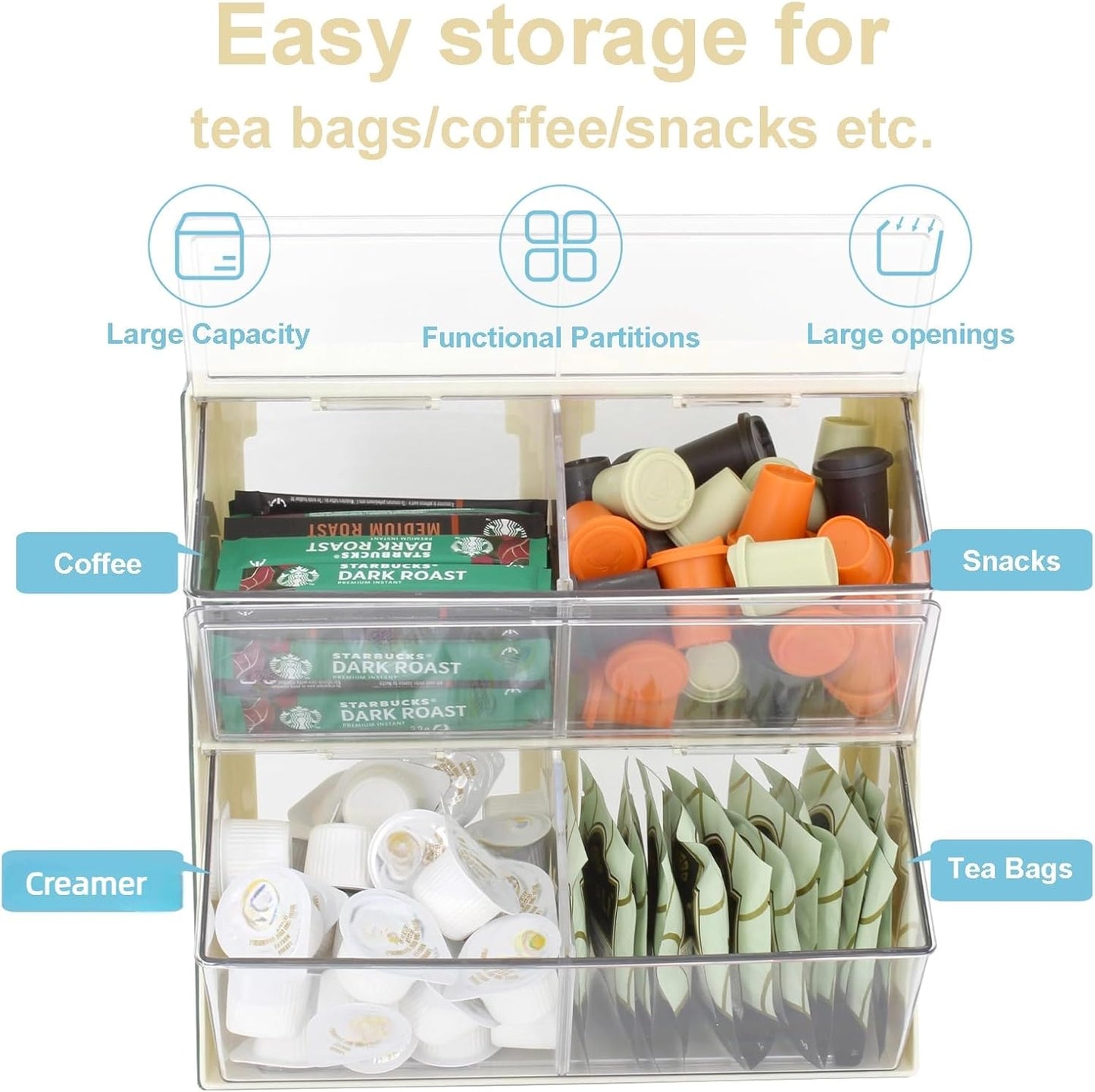 Bokelai Creamer Holder Plastic Tea Bag Organizer with Lid Large Capacity K Cup Countertop Organizer Versatile Desk Storage Station for Capsule Suger Pods Face Mask Cream/Clear