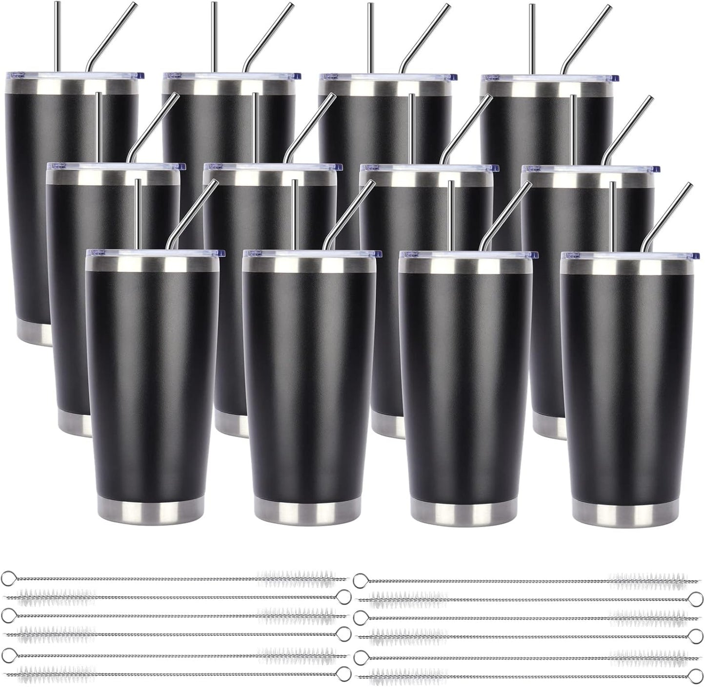 Pandance 20oz Stainless Steel Insulated Tumblers with Lid and Straw Bulk, Double Wall Vacuum Water Cups for Hot & Iced Coffee Drinks Travel Mug (Black, 12 pack)