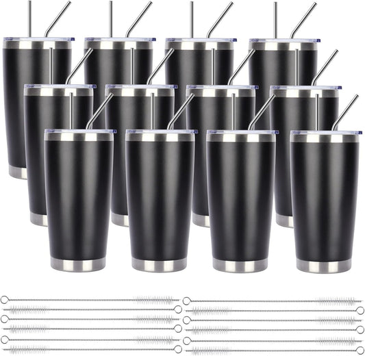 Pandance 20oz Stainless Steel Insulated Tumblers with Lid and Straw Bulk, Double Wall Vacuum Water Cups for Hot & Iced Coffee Drinks Travel Mug (Black, 12 pack)