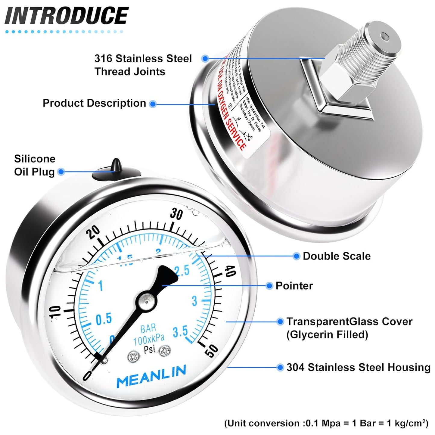 MEANLIN MEASURE 0~50Psi Liquid Filled Pressure Gauge Stainless Steel with 316 Stainless Steel Joint 1/4" NPT 2.5" FACE DIAL for Pool Sand Filter Water Oil Air Pressure Test Center Back Mount