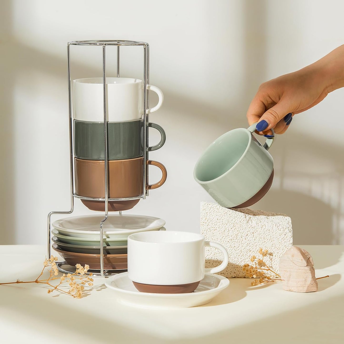 Sweese 8 Ounce Cappuccino Cups Set of 4, Porcelain Stackable Coffee Cups with Saucers and Metal Stand, Multicolor