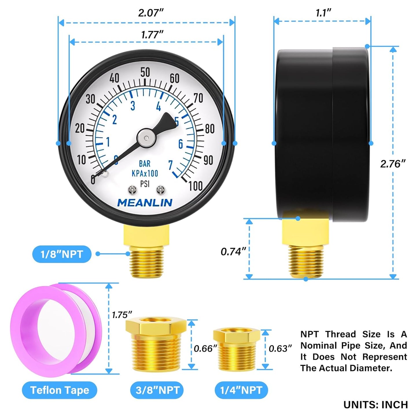 MEANLIN MEASURE 0-100Psi 2" DIAL FACE 1/8" NPT Well Pump Pressure Gauge, with 1/4" NPT and 3/8" NPT Hex Bushing, 3-2-3% Accuracy, Lower Mount