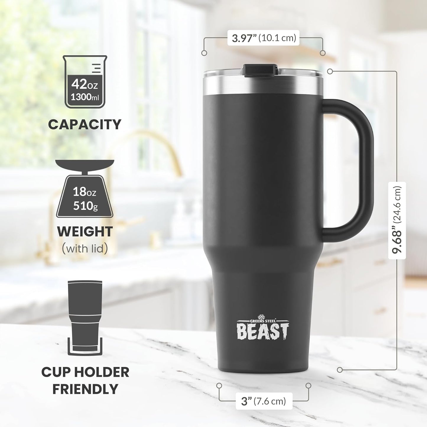 Beast 42 oz Tumbler Stainless Steel Vacuum Insulated Coffee Ice Cup Double Wall Travel Flask (Matt Black)