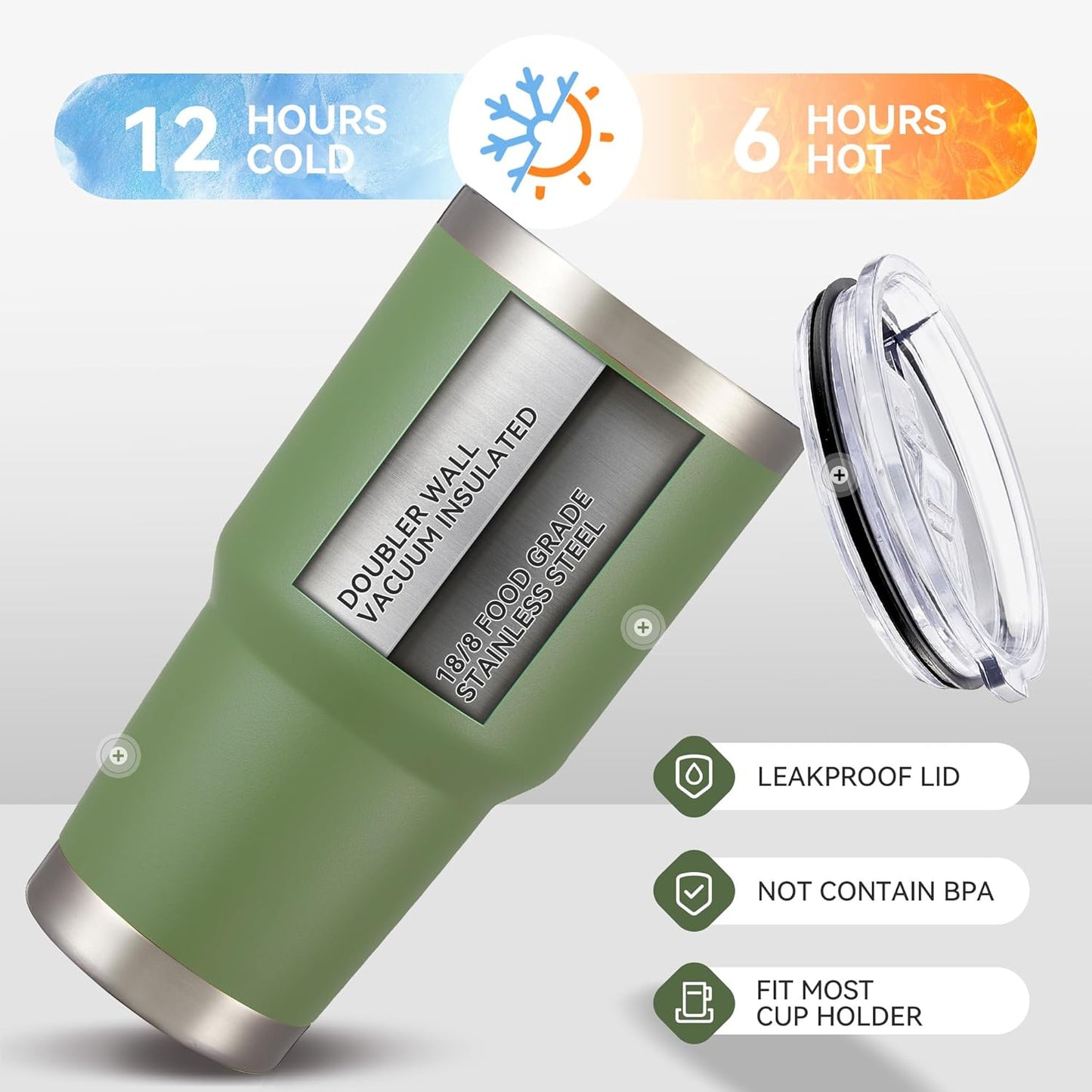 30 oz Tumbler with Lid Stainless Steel Tumblers Vacuum Insulated Cup Reusable Powder Coated Travel Mug Double Wall Leak Proof Portable Cups Keep Cold Drinks for 12 Hours, Army Green, 1 Pack