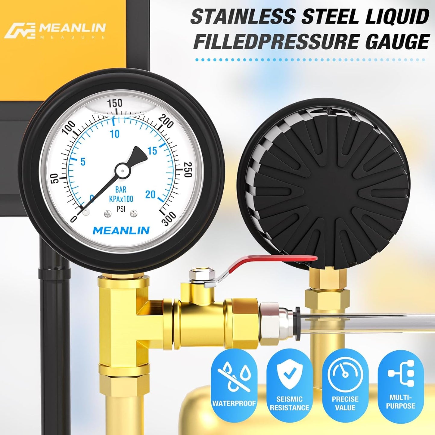 MEANLIN MEASURE 0~300Psi Stainless Steel Liquid Filled Pressure Gauge 1/4" NPT 2.5" FACE DIAL with Rubber Protective Sleeve, Lower Mount