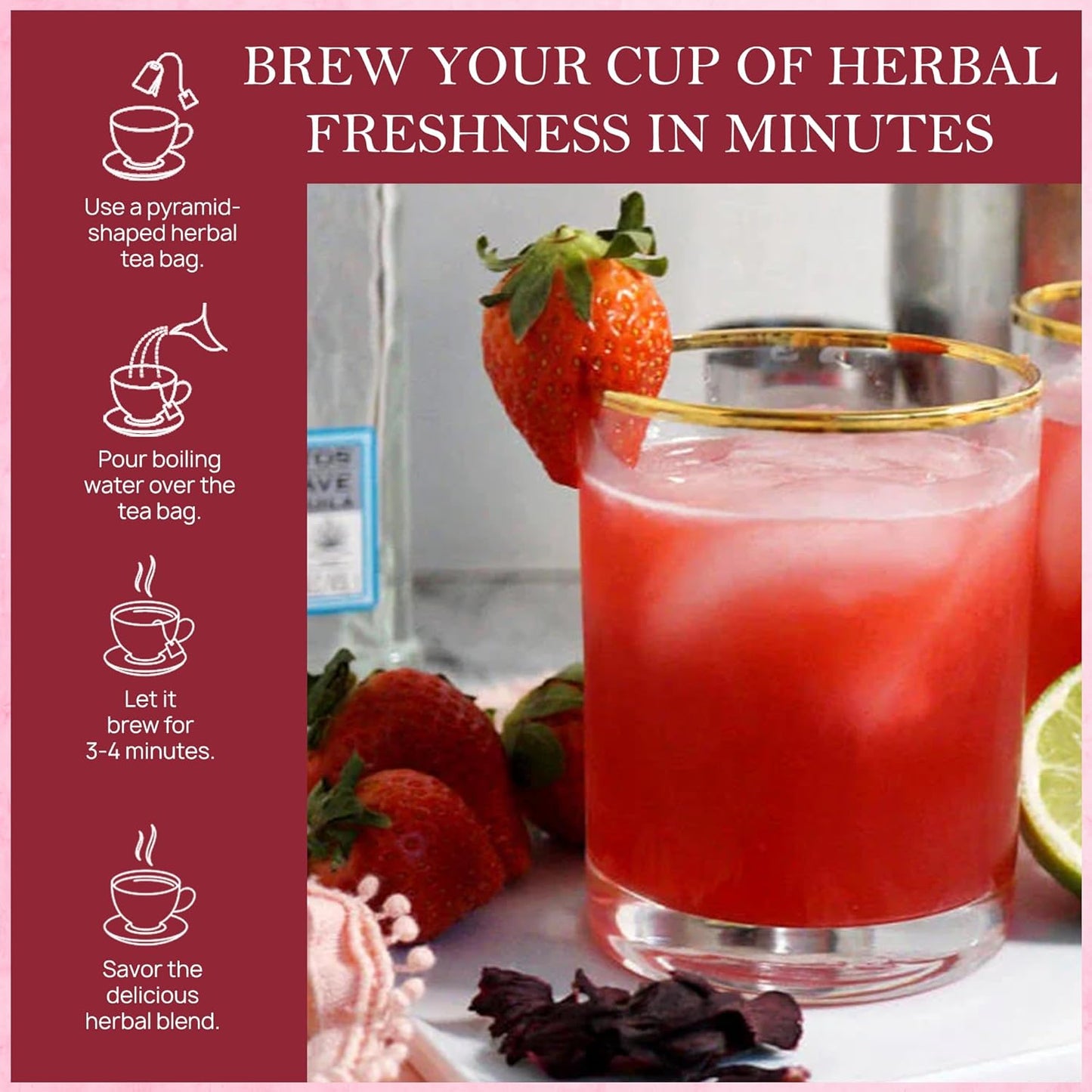 Tealeaf & Co. Strawberry Hibiscus Tea Bags Blended with Fresh Herbs and Spices - Herbal Tea Bags with Organic Spices, Berries & Dried Hibiscus Flower Extract - Low Caffeine - Gluten Free - 50 Teabags