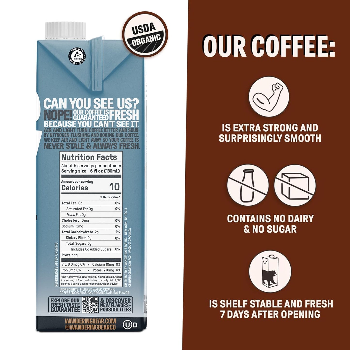 Wandering Bear Organic Vanilla Cold Brew Coffee, 32 fl oz, 3 pack - Extra Strong, Bold, Smooth, Unsweetened, Shelf-Stable, Ready to Drink, Gluten Free, & Vegan, Iced Cold Brewed Coffee Drinks