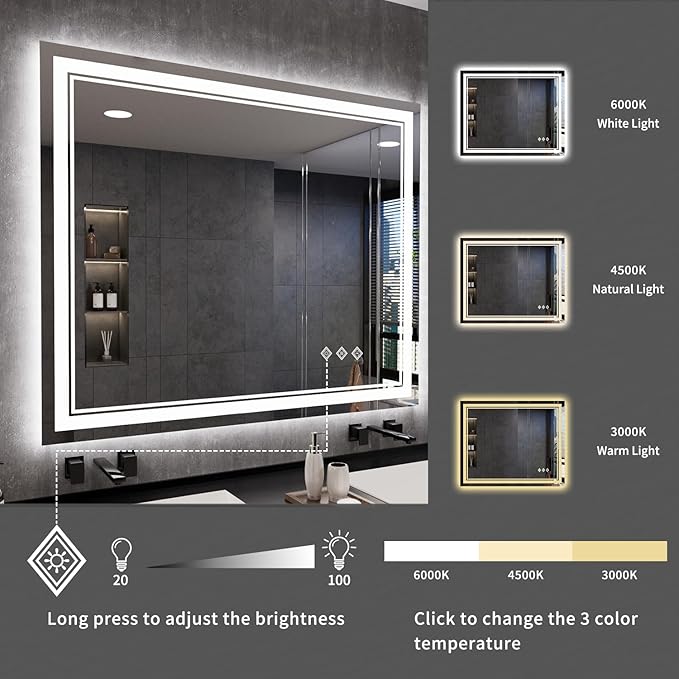 LED Mirror, 44x36 Inch Gradient Front and Backlit Lighted Mirror, 3 Colors - Image 5