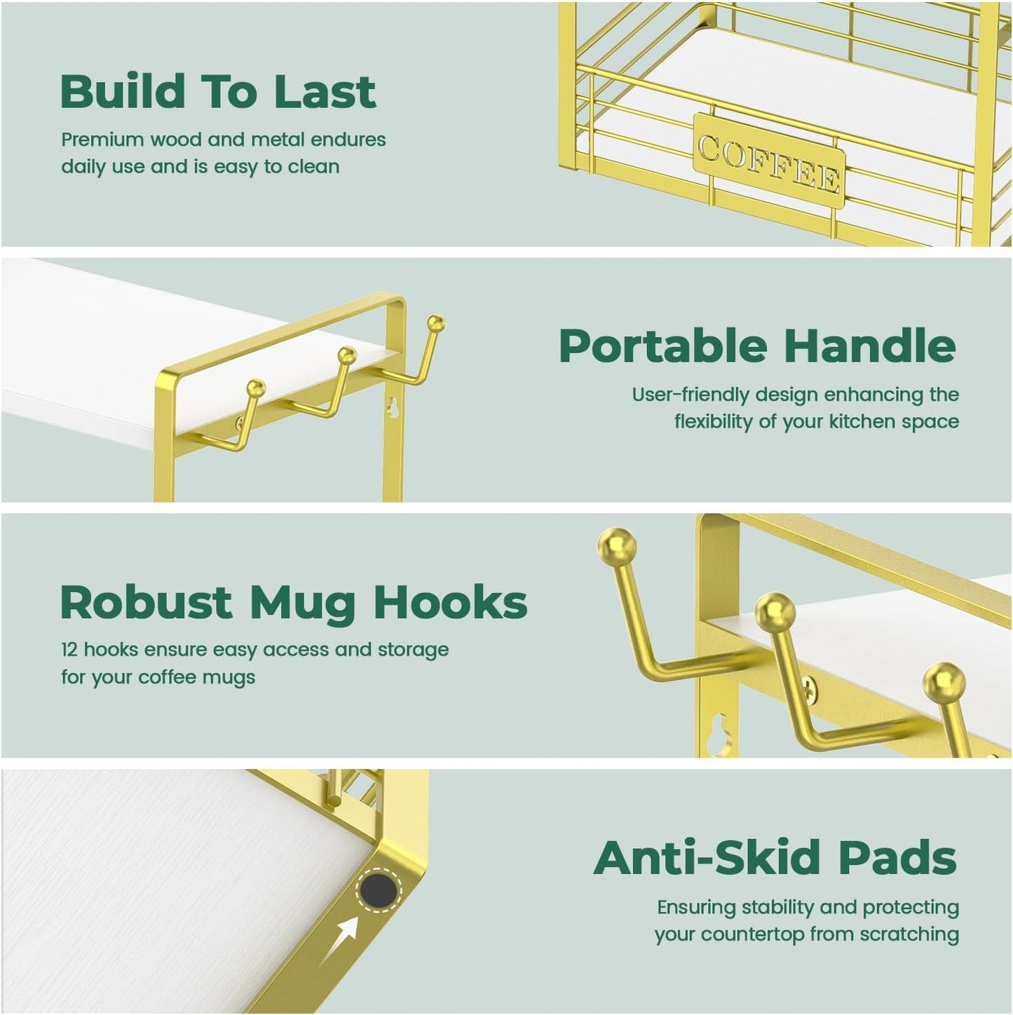 EsLuker.ly Coffee Mug Cup Holder Tree Bar Station Organizer, 2 Tier Mug Stand Rack for Countertop Kitchen, Storage Tower Display Shelf with 12 Hooks, Coffee Nook Enhancer, White-Gold