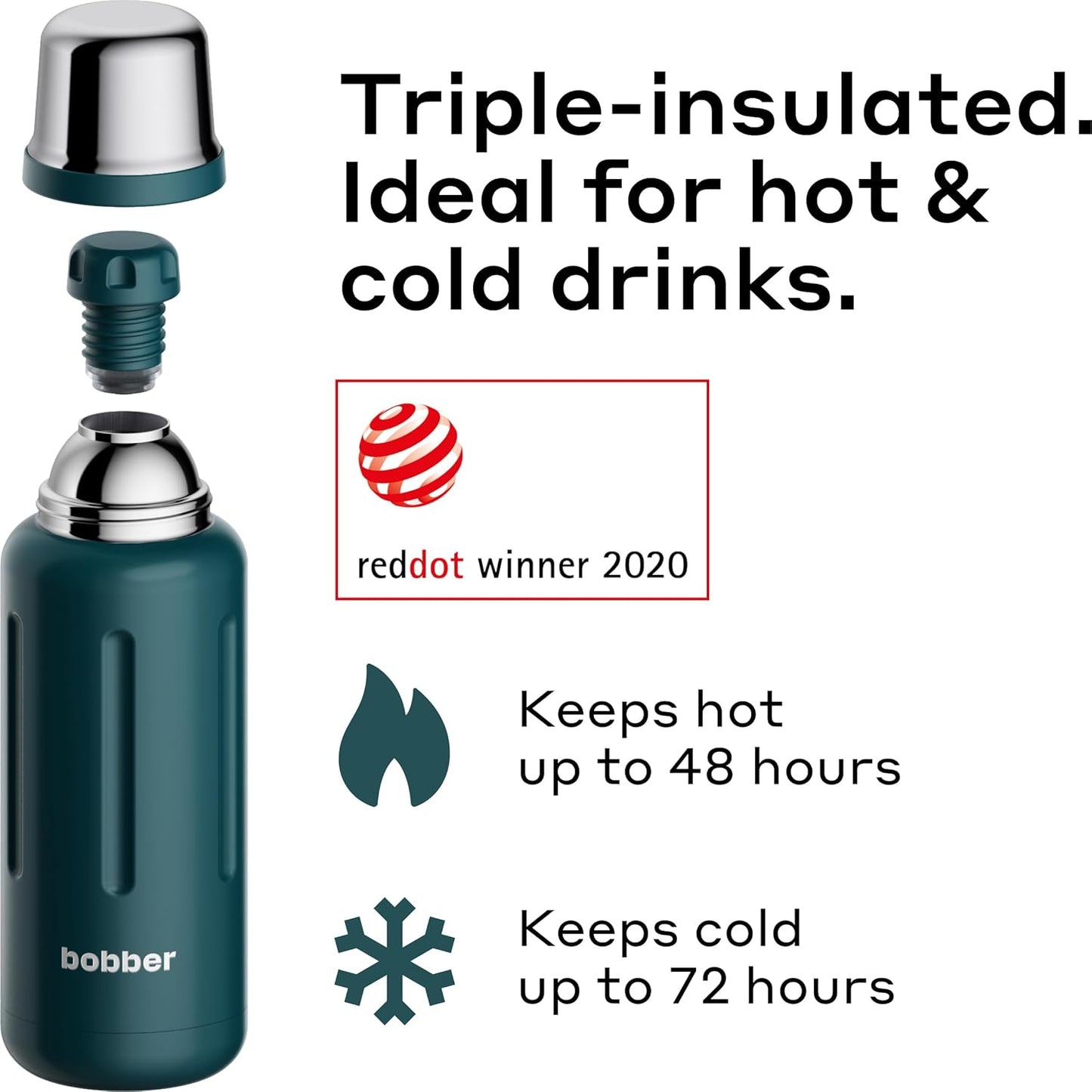 BOBBER 34 oz Stainless Steel Travel Thermos for Hot and Cold Drinks – Dishwasher Safe Metal Water Bottle with Cup Lid – Keeps Hot for 48 Hours – BPA-Free, Vacuum Insulated (Deep Teal)