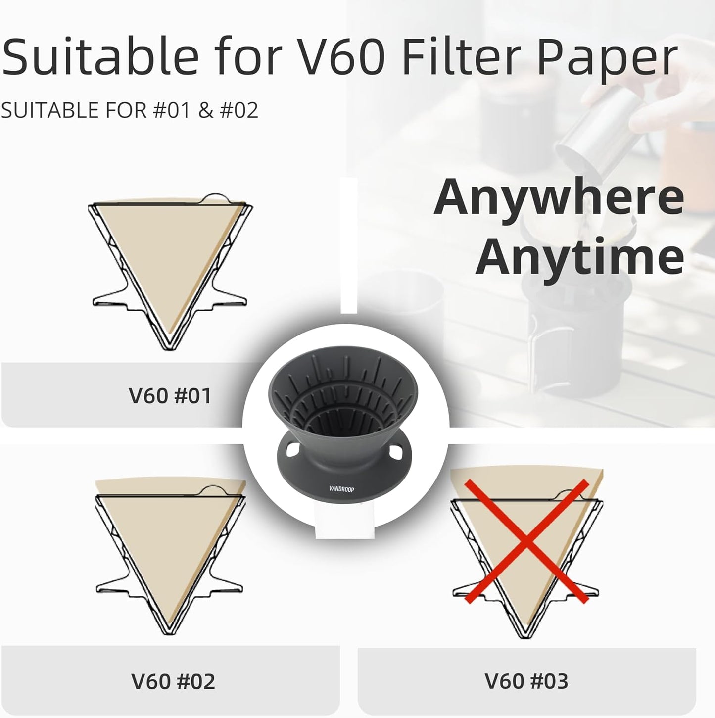 Collapsible Pour Over Coffee Dripper, Reusable Silicone Pour Over Coffee Maker for Camping, Travel&Home, Portable Single Clever Coffee Dripper with 10 V60 Filter Papers #02(Grey, 2-3 Cup)