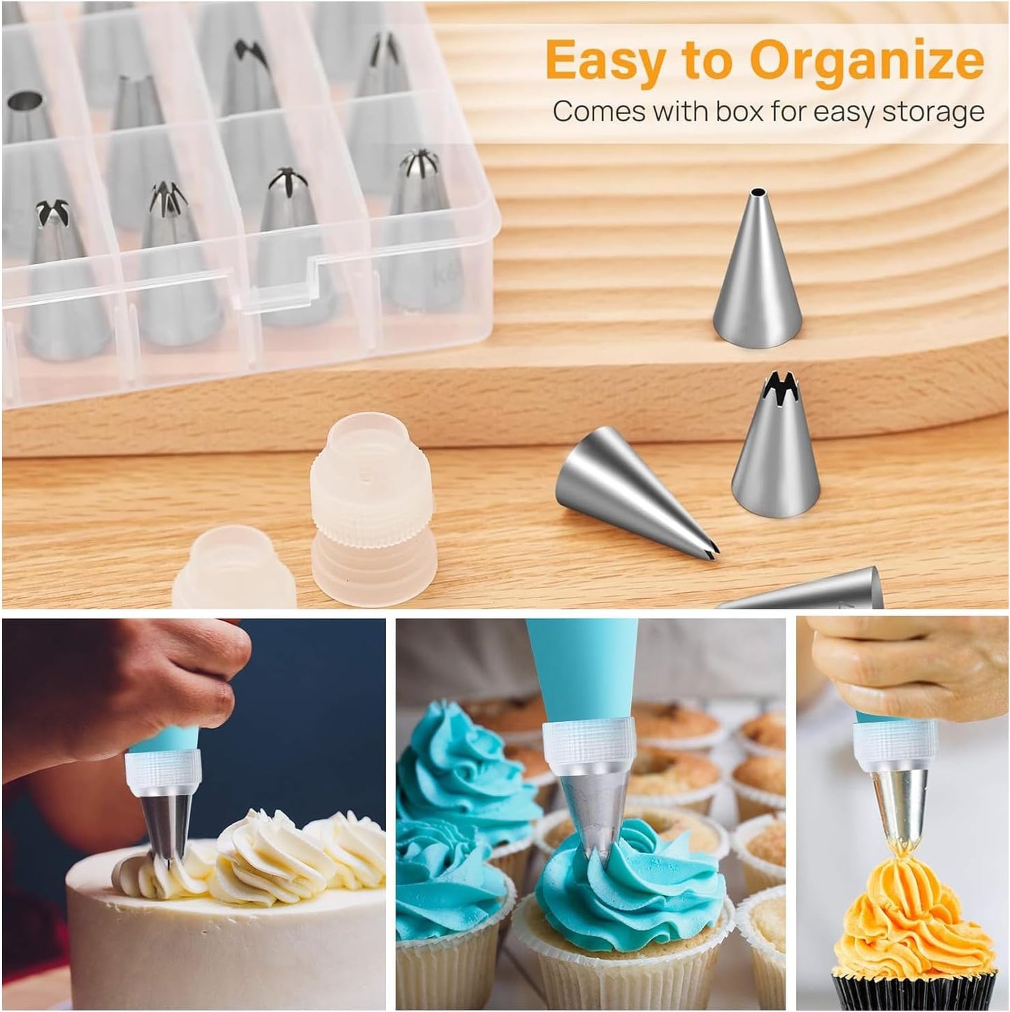 40PCS Piping Bags and Tips Set 12 Inch Pastry Bags Cakes Decorating Kit Supplies, 10 Icing Bags Disposable with 1 Reusable Piping Bags, 24 Frosting Tips, 2 Couplers, 1 Storage Box