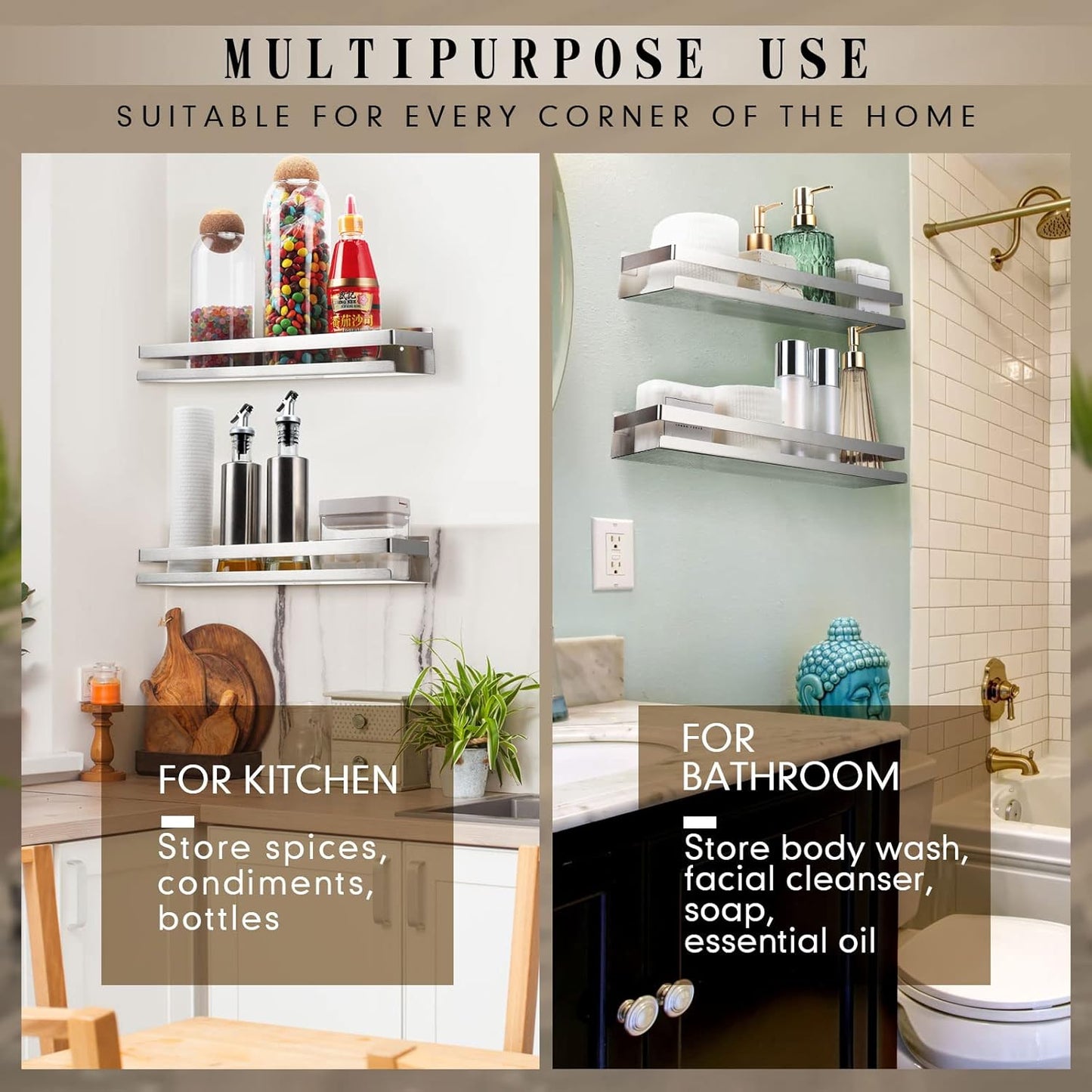 Lallisa 2 Pieces Stainless Steel Shelf Bathroom Shower Floating Shelves Wall Mounted Shower Caddy Basket Shelf Storage Organizer Shelves for Bathroom, Kitchen, Living Room (Silver,15.75 Inch/ 40 cm)