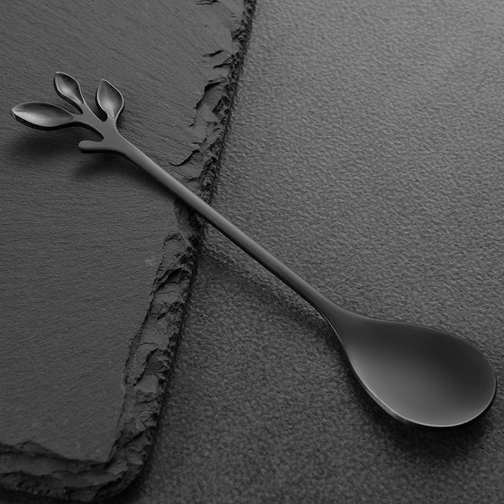 AnSaw 8-Pack Elegant Black Leaf 4.7" Espresso Spoons - Stainless Steel, Perfect for Coffee, Demitasse, Dessert & Tea, Mini Size for Small Servings
