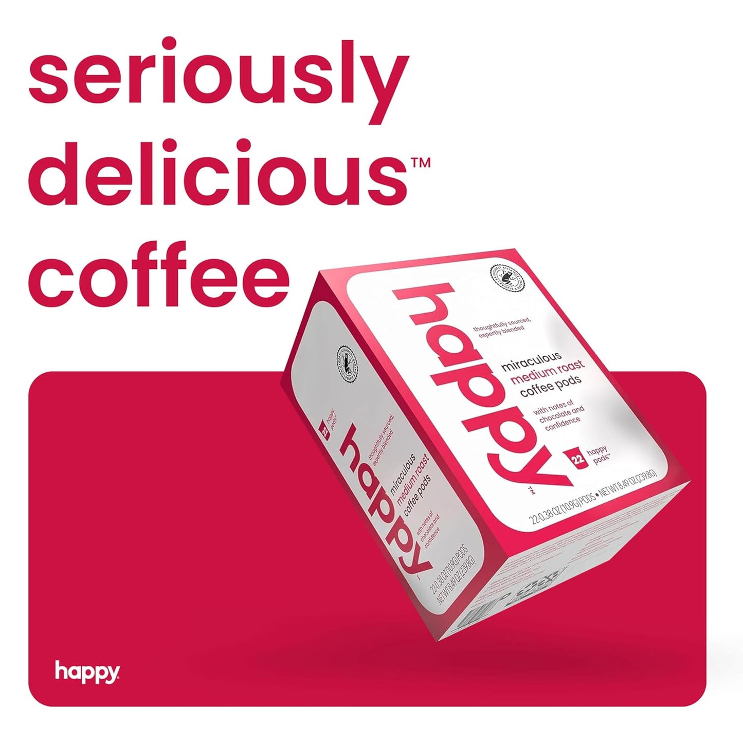 happy coffee medium roast coffee pods, 22 count, notes of chocolate & confidence, compatible with most K-cup brewers, rainforest alliance certified