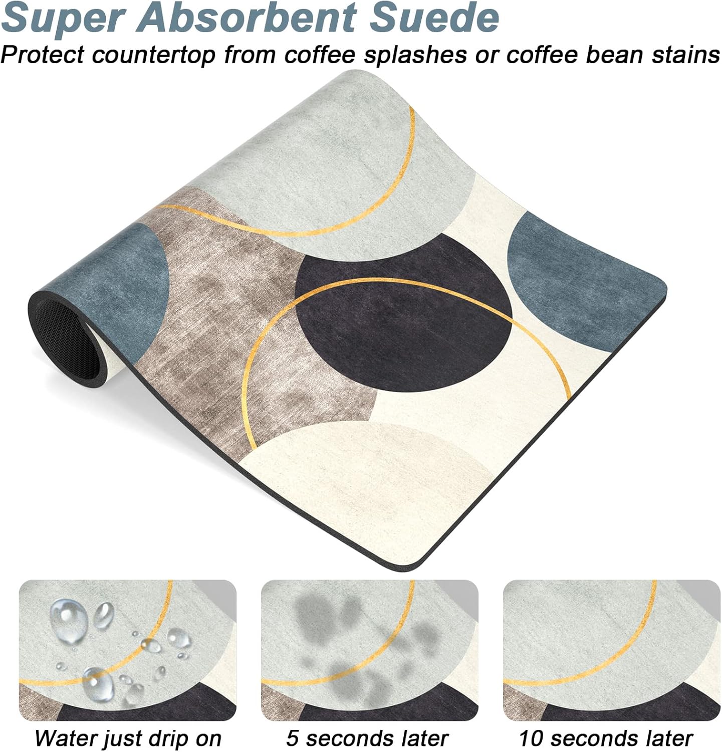 Rnivvi Coffee Mat, 16" x 24" Cute Boho Theme Coffee Bar Mats for Espresso Machine Station Accessories and Organizer, Hide Stain Rubber Backed Absorbent Dish Drying Pad for Kitchen Counter, Circle